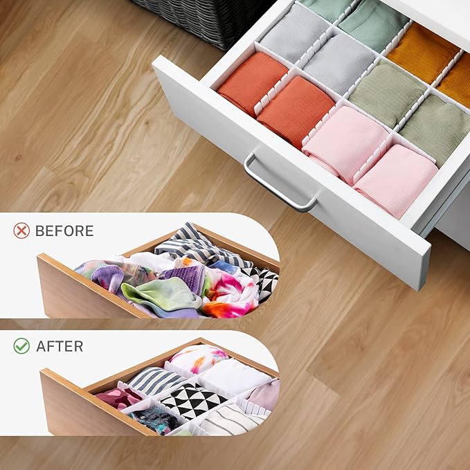 MaidMAX 15pc Drawer Dividers - Adjustable Organizers for Clothes, Underwear, Makeup, Kitchen Utensils & Tools - 16' x 2.7' DIY Dresser Drawer Separators for Bedroom, Kitchen, Office