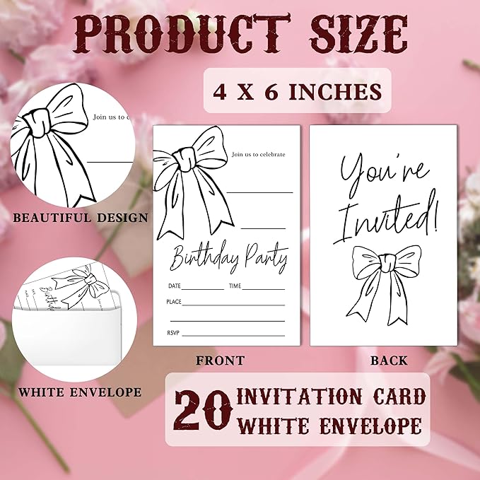 SIXEIGHT Black Bow Birthday Decorations, Black Ribbon Bow Birthday Party Invitations, 20 Party Invitations with Envelopes for Girls Boys, Bows Decorations Supplies, 4"x6"-A10