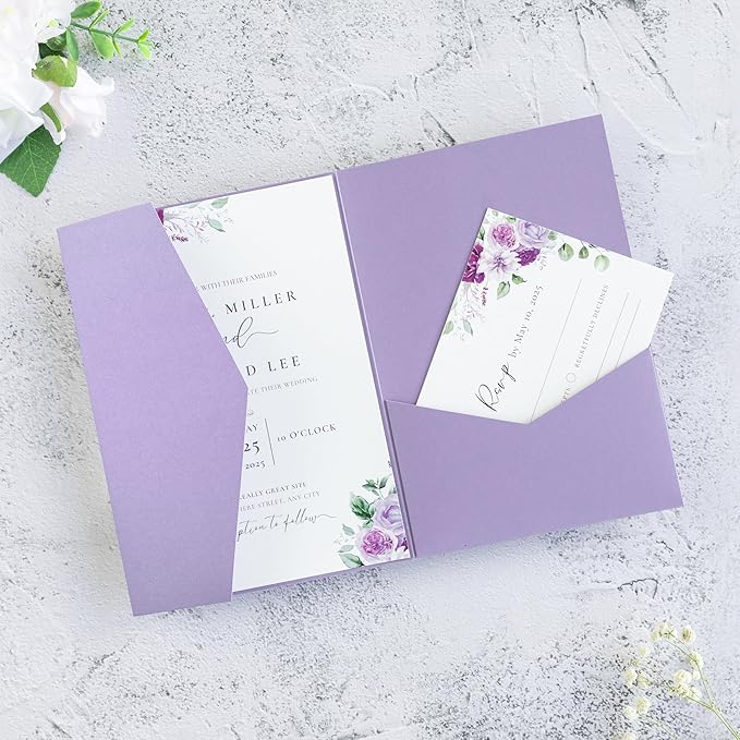 20 PCS Lilac Tri-fold Laser Cut Wedding Invitation Pockets for 5x7 Wedding Cards Bridal Shower Engagement Quinceanera Invitation