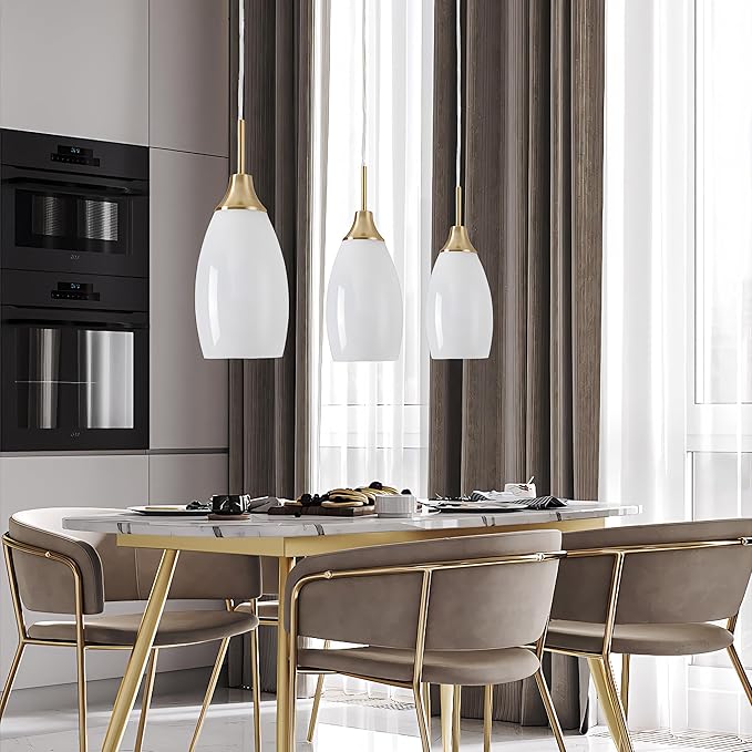 Mini Glass Pendant Light 3-Pack Handblown Art White Swirl Oval Glass Hanging Pendant Lamp 4.72" Glass Chandelier for Kitchen Island Dining Room Living Foyer Hallway Entry Brushed Gold Finish