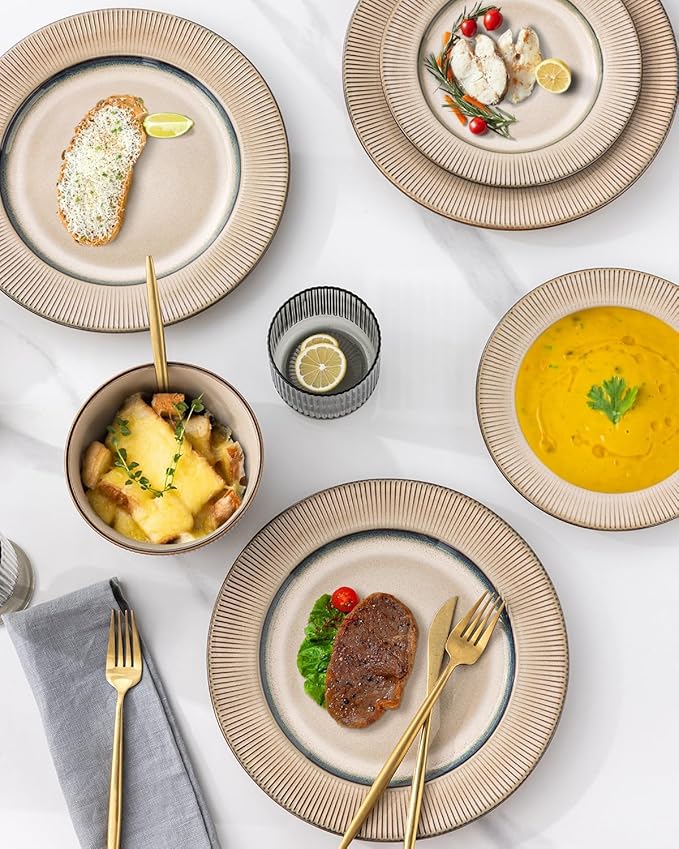 GBHOME Ceramic Dinnerware Sets, 18 Piece Embossed Elegant Stoneware Plates and Bowls Sets, Housewarming Wedding Gift | Dishwasher & Microwave Safe | Dishes Set Service for 8