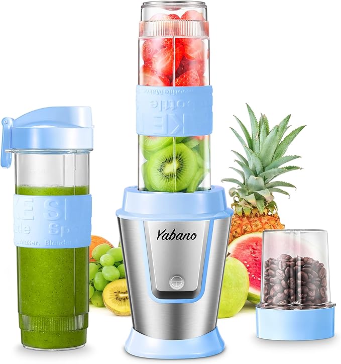 Personal Blender, Electric Shake Bottle with 2 x 20oz Travel Bottle and Coffee/Spices Jar, Portable Shaker Cups for Protein Shakes, 500W Single Serve Blender for Shakes and Smoothies, Sports(Blue)