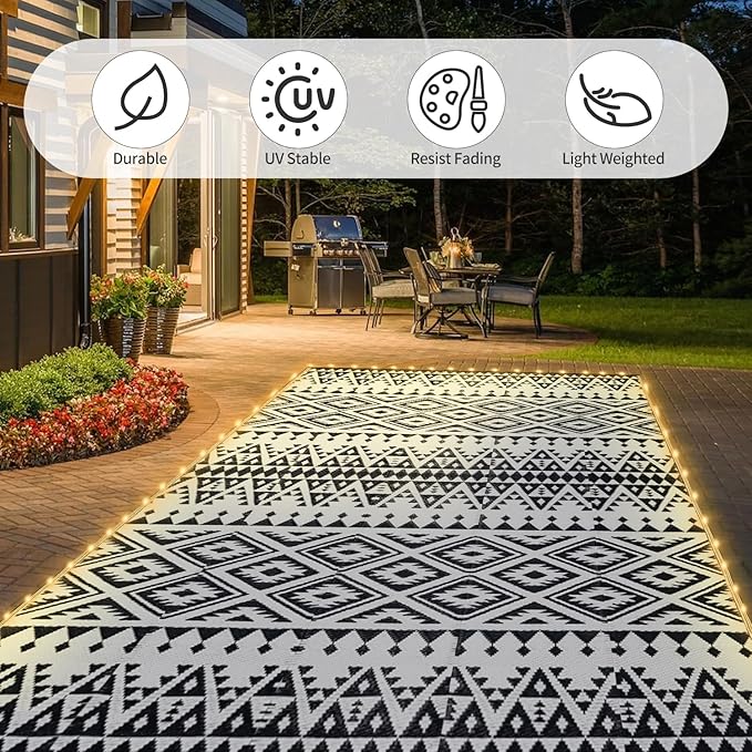 8x10ft Waterproof Outdoor Rug with LED Lights, Bohemia Reversible Plastic Straw Mat for Patio RV Camping Picnic Balcony Beach Deck Indoor Outdoor Carpet, Black&White