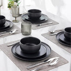 LERATIO Stoneware Dinnerware Sets for 6,Handcarft Ceramic Plates and Bowls Sets,Chip and Scratch Resistant Dishes, Dishwasher & Microwave Safe, Oven safe,Reactive Glaze-Black