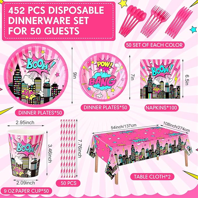 452 Pcs Girl Birthday Decorations for 50 Guests Pink Hero Paper Plates Napkins Cups Tablecloth Cutlery Straws for Pink Hero Girl Birthday Baby Shower Party Supplies