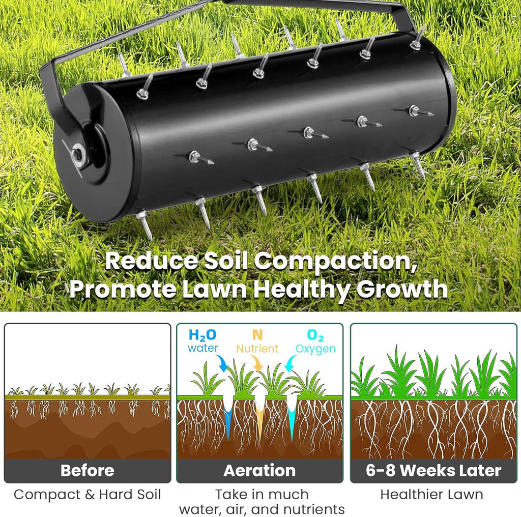 Goplus Rolling Lawn Aerator, 21-Inch Garden Yard Rotary Push Tine Filled Sand Stone, Heavy Duty Spike Soil Aeration w/Metal Handle, Fillable Drum 51" Manual Lawn Aeration Tool Garden Grass Patio Yard