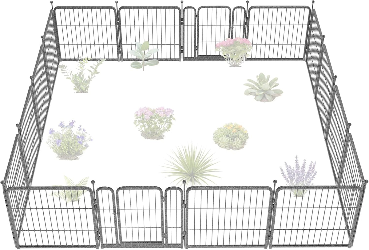 FXW Garden Fence Outdoor for The Yard – 24in(H) x 30.4ft(L) Heavy Duty Metal Animal Barrier for Dog and Rabbit, Decorative Dog Fence, 16 Panels, Silver