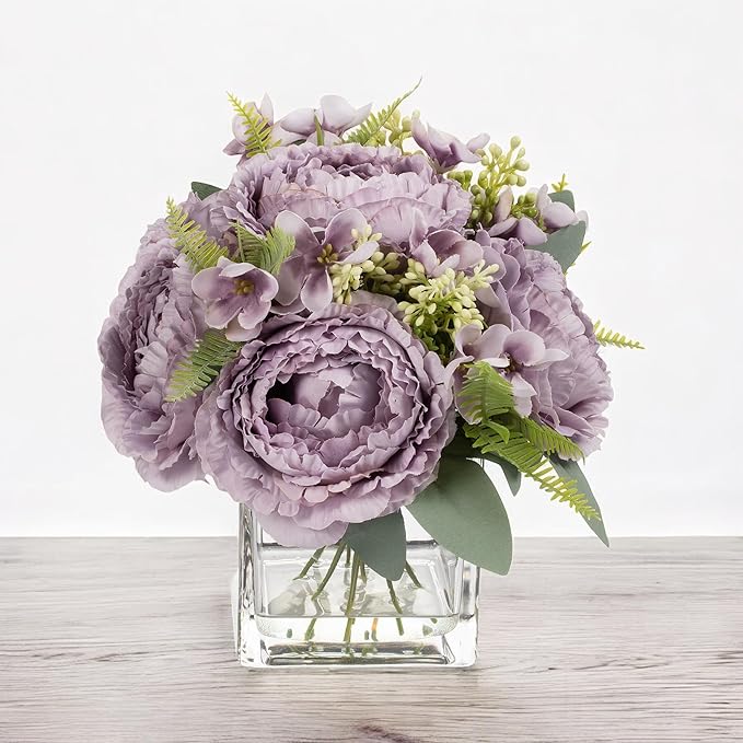 ENOVA FLORAL Artificial Flower Arrangement with Vase,Mixed Artificial Silk Peony Flower in Vase for Decoration Home Office, Wedding Centerpiece (Purple02)