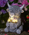 Nacome Solar Garden Highland Cow Holding Succulent Planter with LED Lights Outdoor Decor for Outside Yard Patio Balcony Porch Decorations - Birthday Gifts Mom Grandma Women(Grey)