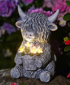 Nacome Solar Garden Highland Cow Holding Succulent Planter with LED Lights Outdoor Decor for Outside Yard Patio Balcony Porch Decorations - Birthday Gifts Mom Grandma Women(Grey)
