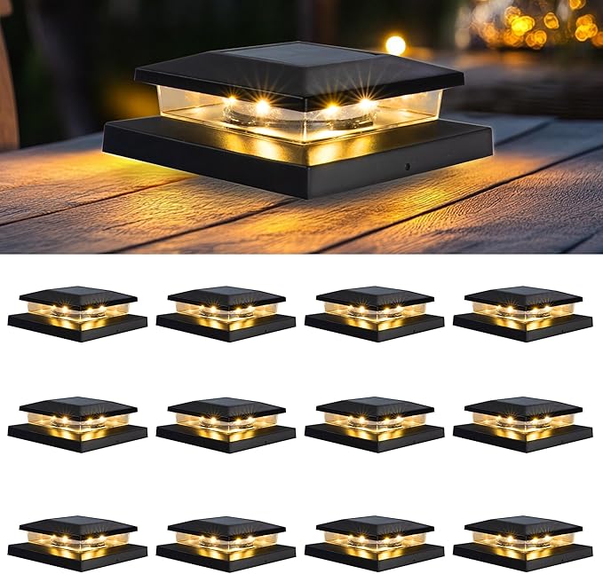 TW SHINE Solar Post Cap Lights Outdoor, 12 Pack Waterproof Solar Powered Deck Fence Post Lights, Warm White Post Light for Garden Patio Porch for 4x4, 5x5 or 6x6 Wooden Posts