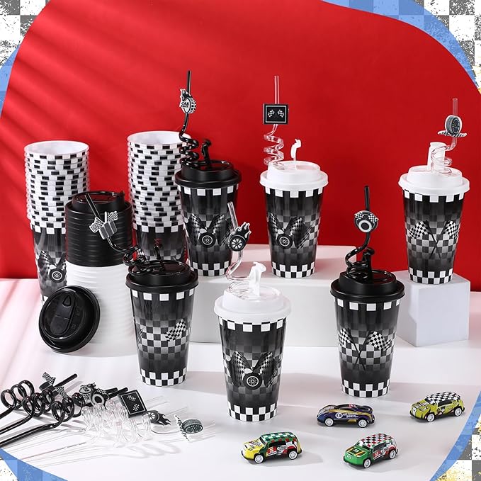 Yungyan 16 Sets Checkered Flag Party Favors Goodie Cups with Lids and Straws for Birthday Decorations Reusable 16oz Plastic Candy Cups Plastic Straws for Birthday Party (Checkered Flag)