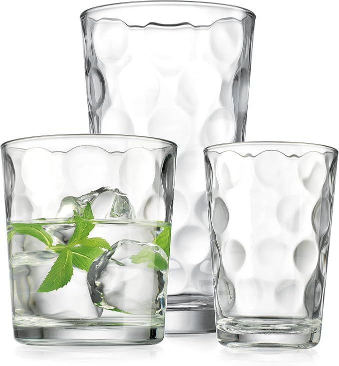 Home Essentials & Beyond Glassware Set 18 Piece Mixed Drinkware Set. 6 Highball Tumblers-17 oz., 6 Rock Whiskey-13 oz., and 6 Juice-7 oz. All Size Glass Cups Drinking Glasses. (Design on Inner Glass)