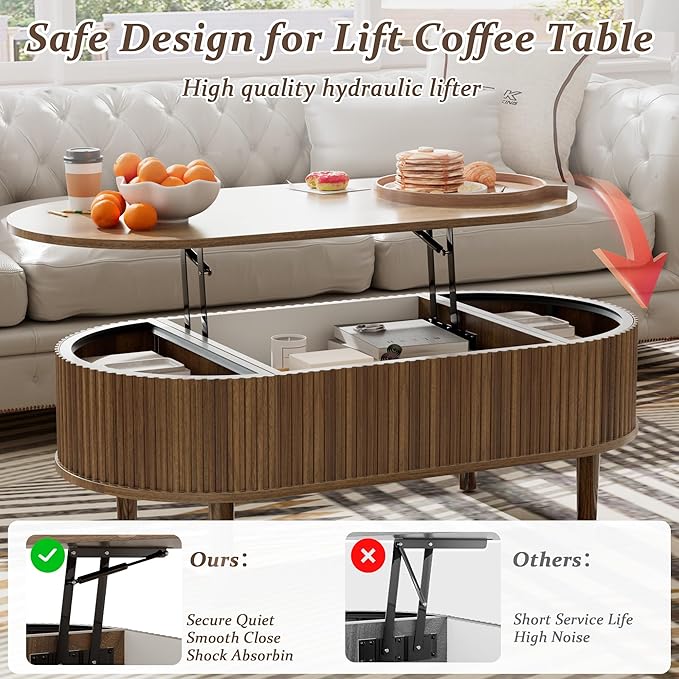 EAG Fluted Lift Top Coffee Table with Hidden Compartment, Modern Oval Coffee Table with Storage, Fully Wood Center Table for Living Room, Office, Walnut
