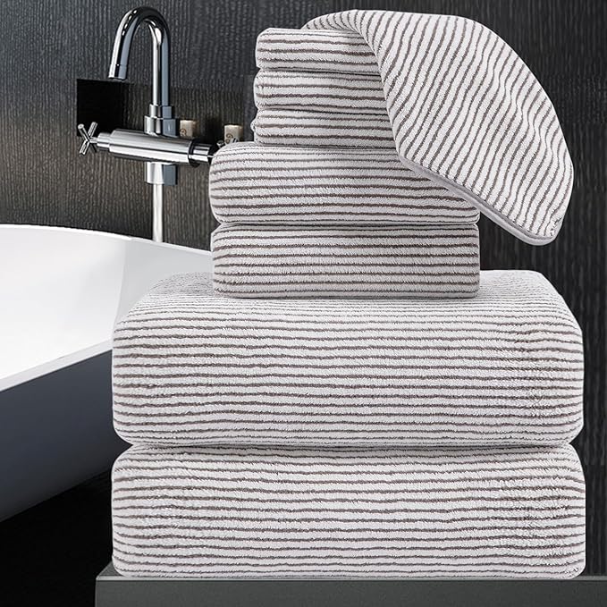 8-Piece Premium Towel Set for Bathroom|2 Oversized Large Bath Sheet,2 Hand Towels,4 Washcloths|Soft Cozy Highly Absorbent Fast Dry Microfiber Shower Towel Set for Hotel Bathroom Essentials,Brown White