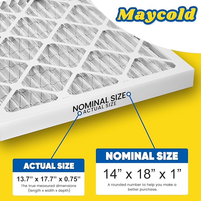 Maycold MERV 8 14x18x1 Furnace Air Filters (6-Pack), Pleated HVAC AC Filters – Actual Size: 13.70” x 17.70” x 0.75”, For Residential or Office Use, Individually Wrapped in Plastic