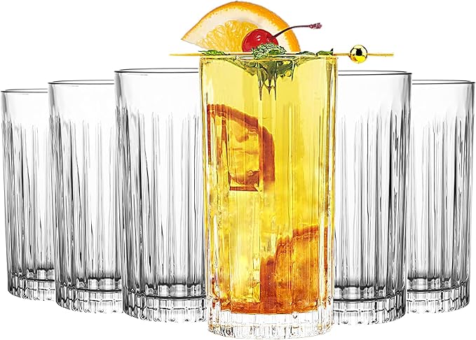 Highball Glasses Set of 6 - Drinking Glasses 13 Ounce - Collins Tall Beverage Cups Glassware for Water Drinks, Beer, Soda, Cocktail