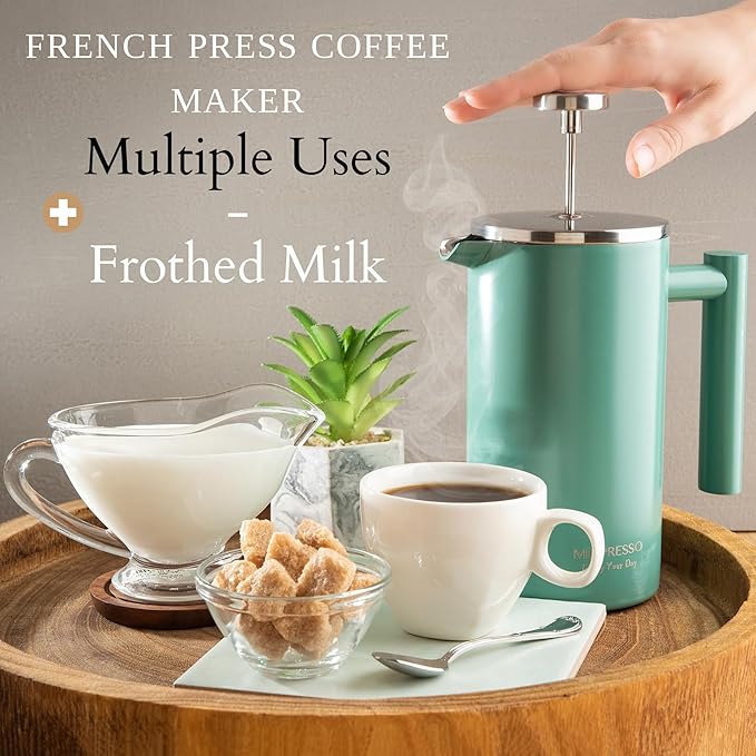 Mixpresso Green Stainless Steel French Press Coffee Maker 26 Oz 770 Ml, Double Wall Insulated French Press Stainless Steel, Easy Clean Tea Brewer, Easy Press Durable Metal Coffee Press