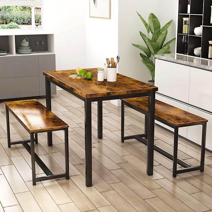 AWQM Dining Room Table Set, Kitchen Table Set with 2 Benches, Ideal for Home, Kitchen and Dining Room, Breakfast Table of 43.3x23.6x28.5 inches, Benches of 38.5x11.8x17.5 inches, Rustic Brown