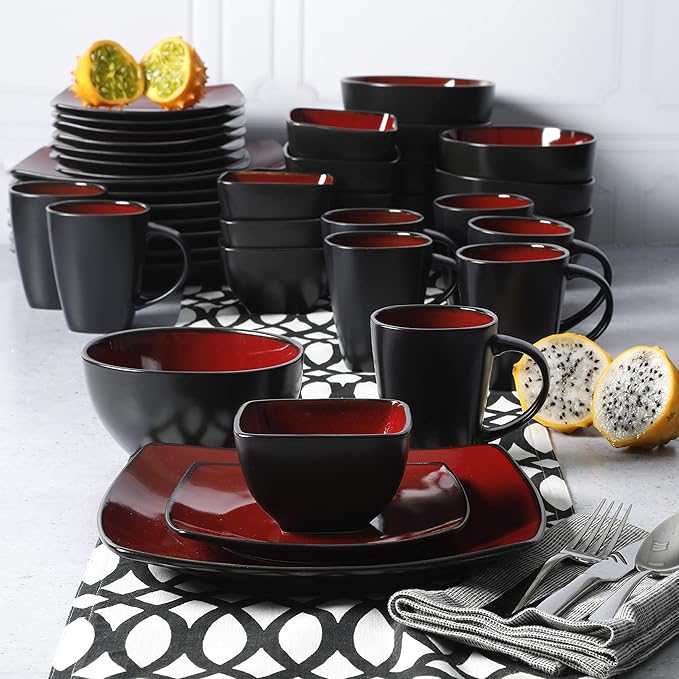 Gibson Elite Soho Lounge Square Reactive Glaze Stoneware Dinnerware Set, Service for 8 (40pc), Red/Black