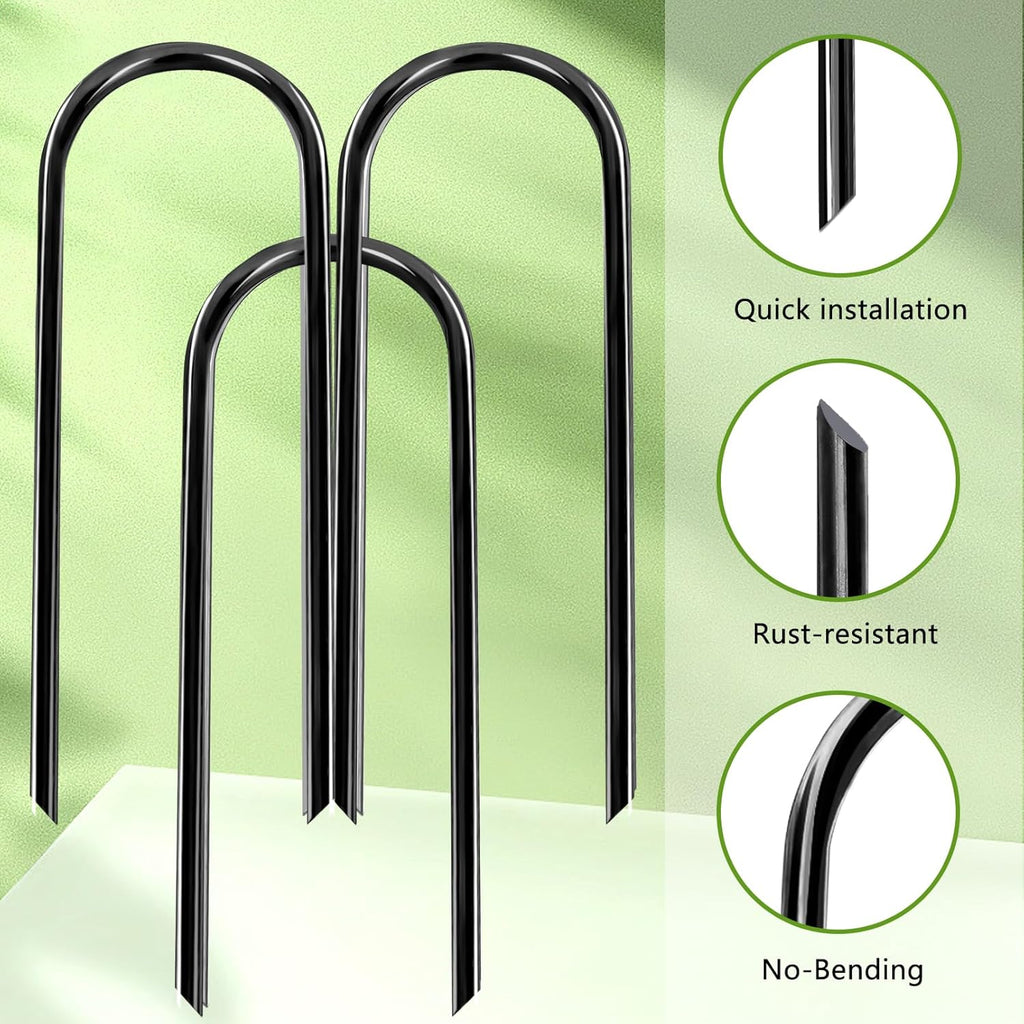8Pcs Trampolines Wind Stakes, 12 Inch Landscape Staples, Heavy Duty Trampoline Anchors, U-Shaped Garden Stakes, Ground Stake with T Hook for Soccer Goals Trampoline Camping Tents (Black)