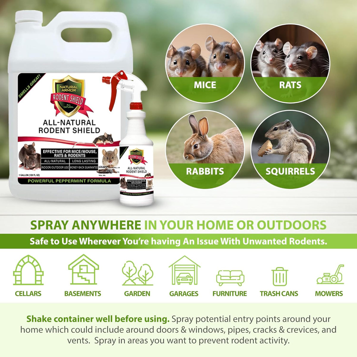 Peppermint Repellent for Mice/Mouse, Rats & Rodents. Natural Spray for Indoor & Outdoor Use. Natural Armor Rodent Shield. 128 OZ Gallon