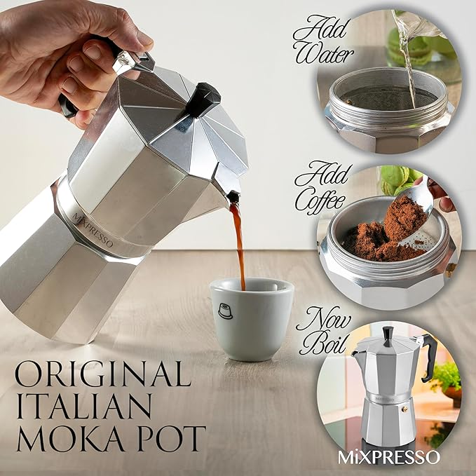 Mixpresso 9 Cup Moka Pot Cuban Coffee Maker, Moka Pot for Gas, Electric Stove Top, Classic Italian Coffee Maker, Stovetop Espresso Maker, Camping Pot Makes 9 Espresso Cup 14 Oz