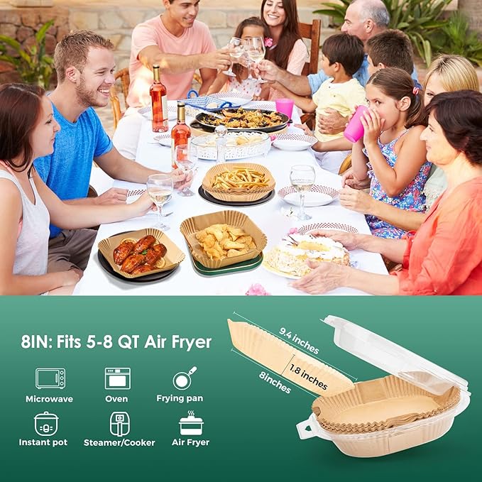 Air Fryer Paper Liners, 200pcs Air Fryer Liners Disposable, 8" Square Baking Liner for 5-8 qt Airfryer Basket, Non-stick and Oil Proof Parchment Paper for Oven, Pans & Baking