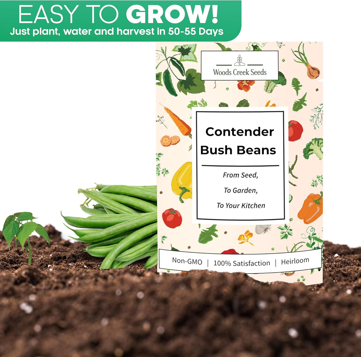 Woods Creek Seeds: Contender Bush Bean Seeds for Planting - Non-GMO Green Bean Seeds for Planting - Tender Stringless Variety - USA Grown Heirloom Bush Beans Vegetable Seed for Outdoors and Indoors