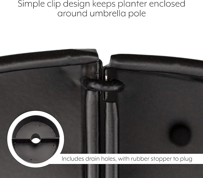 AuldHome Design Umbrella Planter for Patio Table w/Umbrella Hole (Black), Enamelware Half-Circle Planter Pots