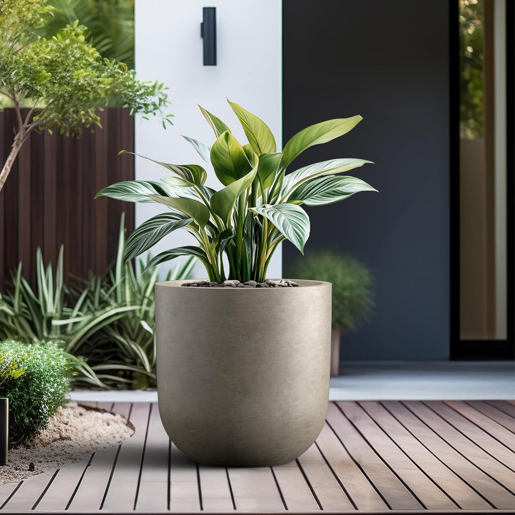 Kante 16.5" Round Concrete Planter, Large Cylinder Plant Pot with Curved Bottom and Drainage Hole, for Indoor and Outdoor Use – Garden or Patio, Weathered Concrete Finish with Warm Brown Interior