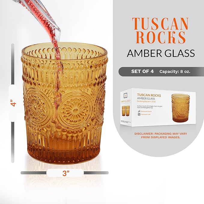 IMPULSE! Tuscan Rocks Glass Set - Amber, Dishwasher Safe, Chic Vintage Style - 8 oz - Ideal for Gin, Mixed Cocktails, Bourbon, Margaritas, Soft Drinks, Beer, Water - Mexican Style Glasses - Set of 4