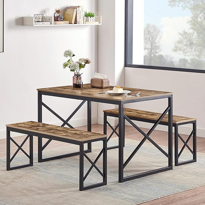VECELO Kitchen Table with 2 Benches for 4, Wood Dining Room Dinette Sets for Breakfast Nook and Small Space, Brown