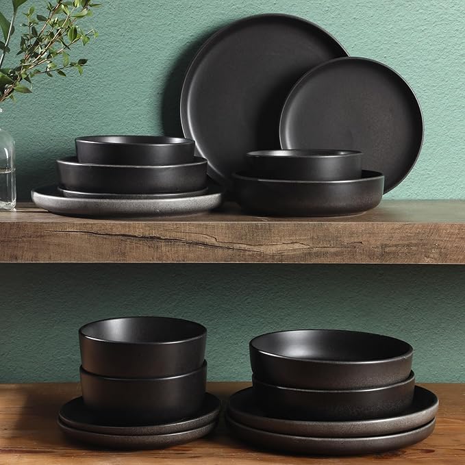Gibson Elite Pasco 16 Piece (Service for 4) Plates and Bowls Double Bowl Reactive Glaze Dishes Stoneware Ceramic Dinnerware Set - Black
