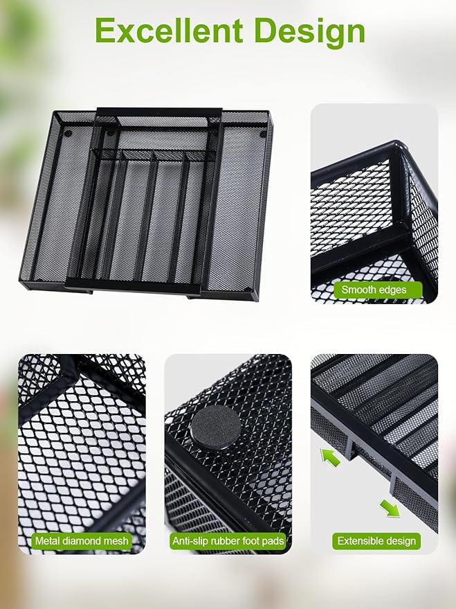 Silverware Organizer Metal Mesh, Drawer Organizer, Utensil Cutlery Tray for kitchen drawers,Expandable Flatware Organizer with 7 Compartment Black 9.4"~17.3" x 13.7"