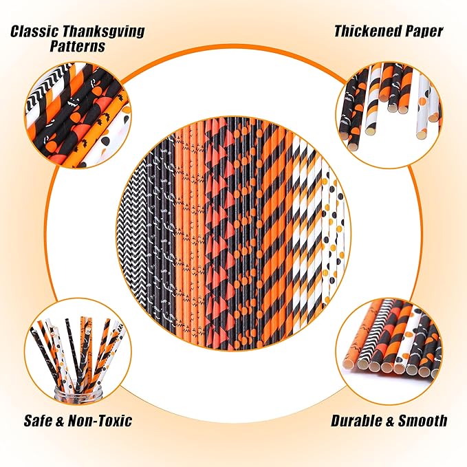 Cooraby 200 Pieces Halloween Paper Straws Pumpkin Bat Spider Web Pattern Straws Black Orange Biodegradable Paper Drinking Straws for Halloween Party Favors, 8 Styles