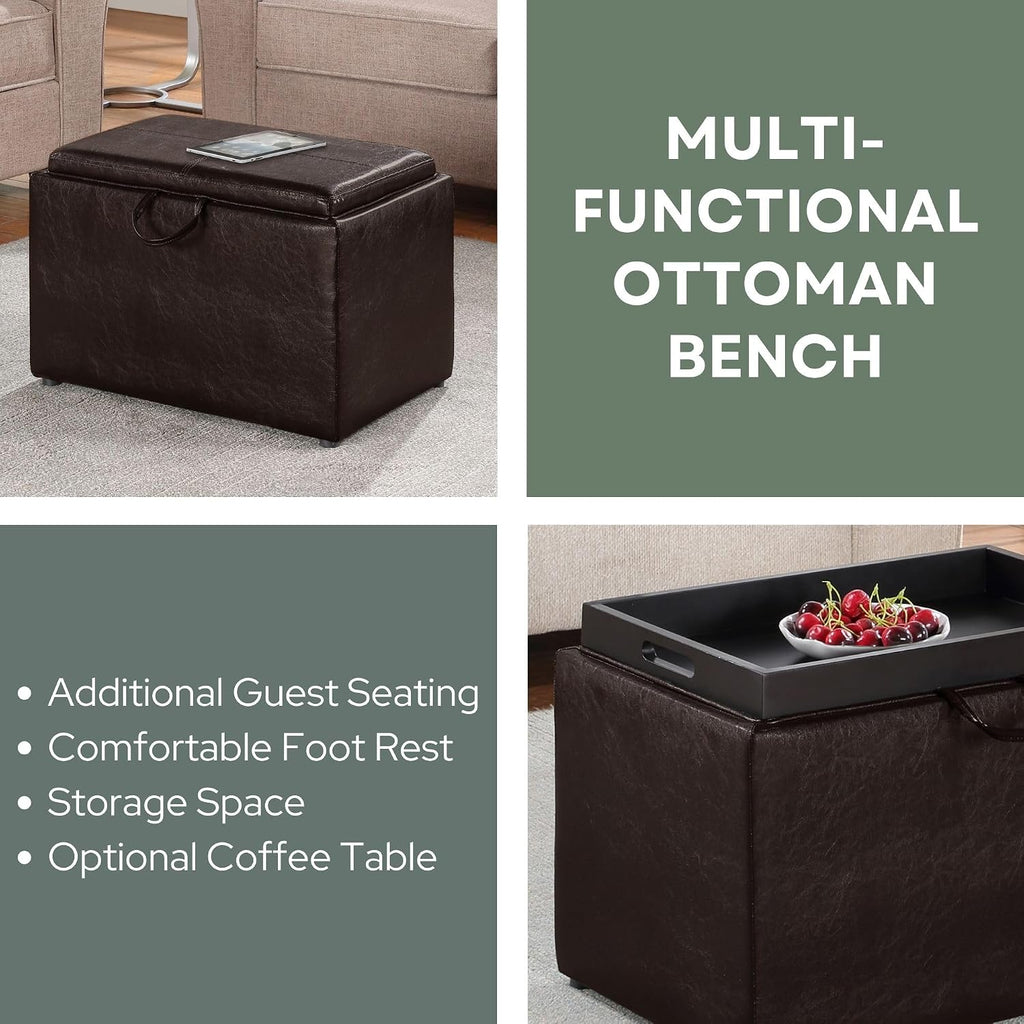 Convenience Concepts Designs4Comfort Accent Storage Ottoman 22.75" - Modern Foot Stool with Decorative Tray for Living Room, Dining Room, Office, Den, Espresso Faux Leather