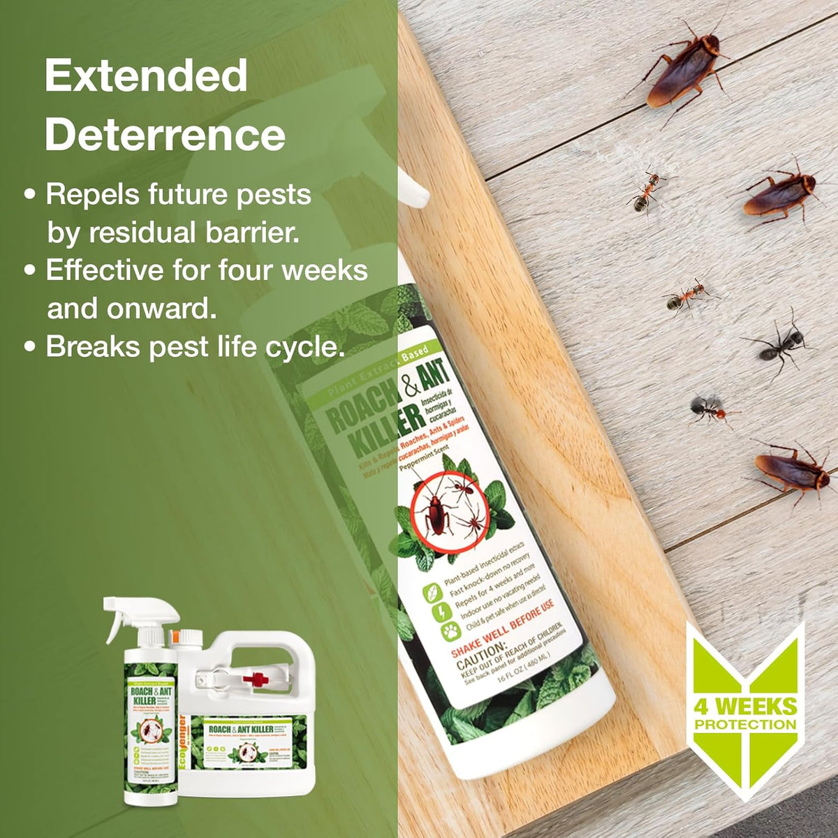 EcoVenger Roach & Ant Killer 16OZ, Kills on Contact, Extended 4-Week Deterrence, Kills Cockroaches, Ants & Other Indoor & Outdoor Crawling Insects, Peppermint Oil, Non-Toxic, Safe for Children & Pets