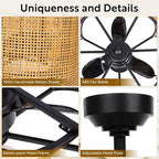 Ceiling Fans with 6-Bulb Lights and Remote, Flower Shaped Ceiling Light with 6 Adjustable Speed and for Bedroom, Kitchen and Living Room, Rattan Shade