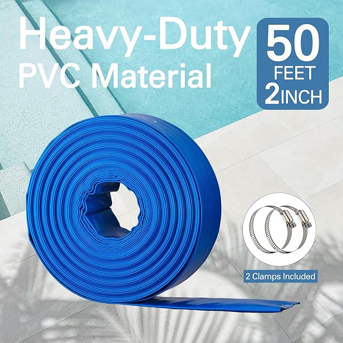 2" x 50FT Pool Backwash Hose, Heavy-Duty Pool Hose, Lay Flat Discharge Hose, Durable Burst Resistant, Pool Filter Pump Water Drainage, Sump Pump Discharge, with 2 Clamps