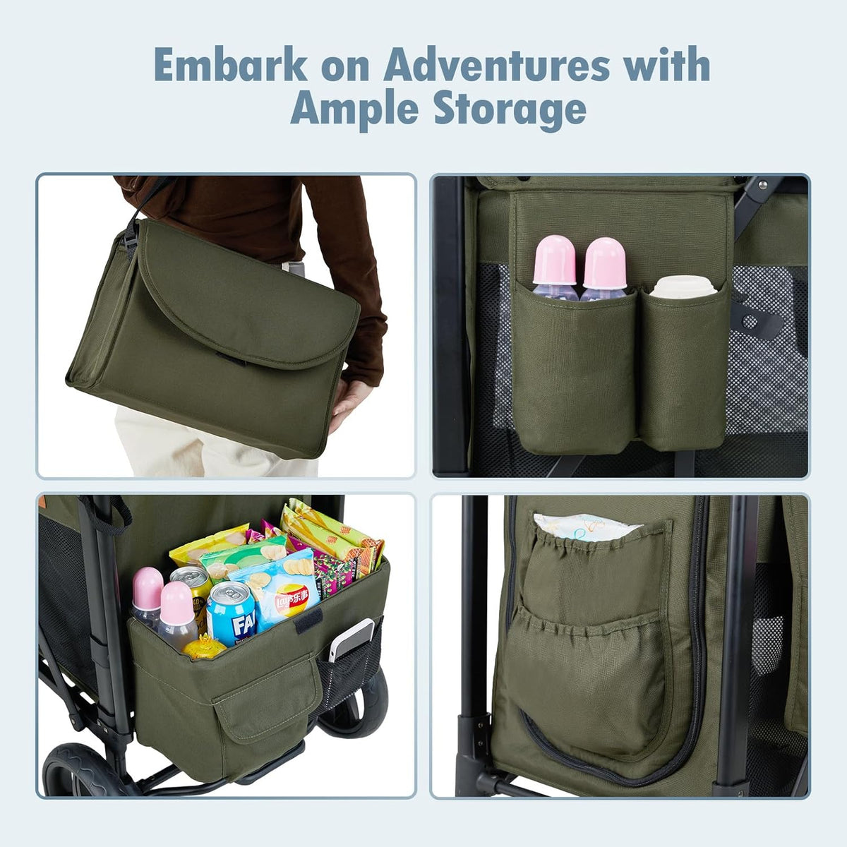 Wagon Stroller for 2 Kids, High Seat & 5 Point Harness, Foldable All-Terrain Wagon for Toddler with Canopy, Parent Organizer, Shoulder Bag, Adjustable Handlebar, Ultimate Double (Green)