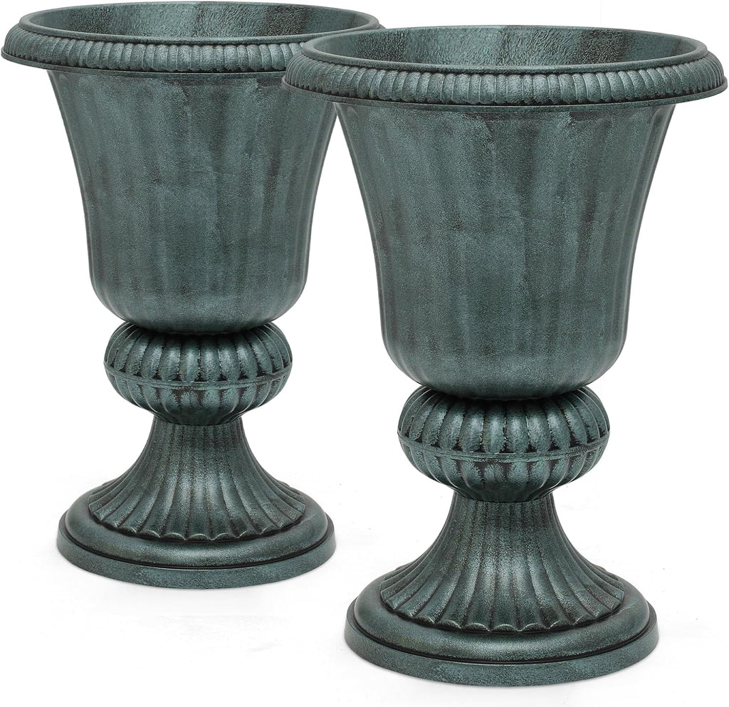 Magshion 20" Urn Planters for Outdoor Plants, Large Decorative Front Porch Planters Set of 2, Weatherproof Tall Plastic Flower Pots for Garden, Patio & Entryway Décor, Antique Green