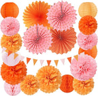 Pink-Orange Groovy Party-Decorations - 20pcs Fall Autumn Thanksgiving Harvest Paper Streamers Lanterns Fans,Tissue Pom Poms,Honeycomb Balls,Bunting,Birthday Baby Bridal Shower Wedding Decor Burgleda