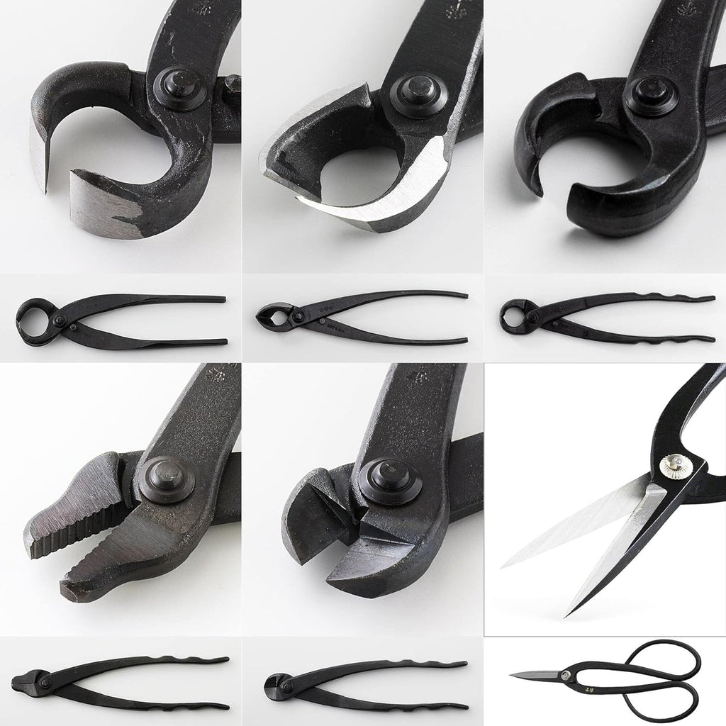 Wazakura Made in Japan 6PCS Bonsai Professional Tool Kit with Roll Bag: Yasugi Steel Ashinaga Scissor, Concave Branch Cutter, Knob Cutter, Jin Plier, Wire Cutter, Root Cutter. Bonsai Tool Set & Case