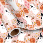 LeZakaa Pink Halloween Wrapping Paper Roll, Cute Ghosts Pumpkins Fall Florals in Pink Spooky Design Trick-or-Treat Gift Wrap for Girls, Kids, Soft Aesthetic Halloween Gifts, Mini Roll 17 in x 16.4 Ft