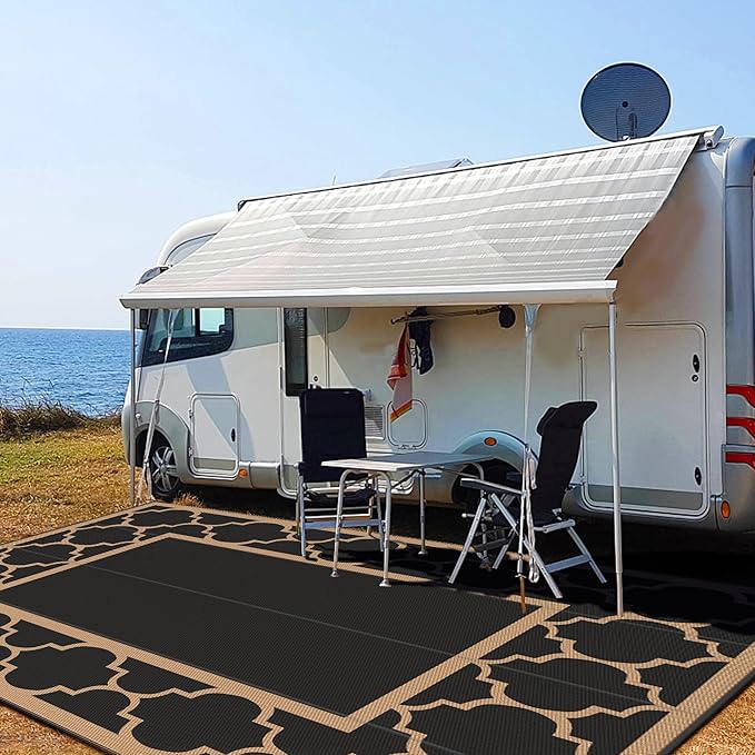 GENIMO 10 ' x 14 ' Outdoor Rug Waterproof for Patio Decor, Foldable Reversible Plastic Straw Area Rugs Mat for Camper, Outside Carpet for Rv, Deck, Porch, Picnic, Beach, Balcony, Black & Brown