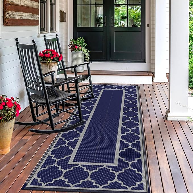 GENIMO 2.5 ' x 8 ' Outdoor Rug for Porch Patio Clearance, Waterproof Indoor Outdoor Plastic Straw Rugs Carpet, Reversible Outside Area Rv Mat for Camping, Balcony, Deck, Picnic, Beach (Blue & Gray)