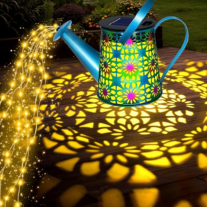 2 Pack Solar Lights Outdoor Decorative, Blue Metal Solar Watering Can Lights Waterproof, Gifts for Women Mom Grandma Mother's Day, Hanging Lanterns Decoration Garden Decor for Outside Yard Patio Lawn