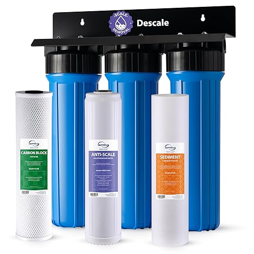 iSpring Anti-Scale Whole House Water Filter System w/Sediment, Polyphosphate, and Carbon Block Water Filters, 3-Stage Water Descaler and Water Filter, Model: WGB32B-DS