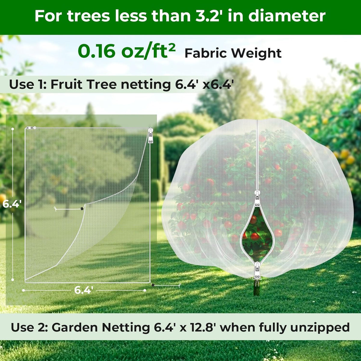 Fruit Tree Netting with 2-Way Zipper & Drawstring - 6.4'x6.4' Garden Plant Net Pest Barrier to Prevent Cicadas Bird Squirrel Deer - Protection for Blueberry Tomato with Fine Mesh Insect Cover (2 Pack)